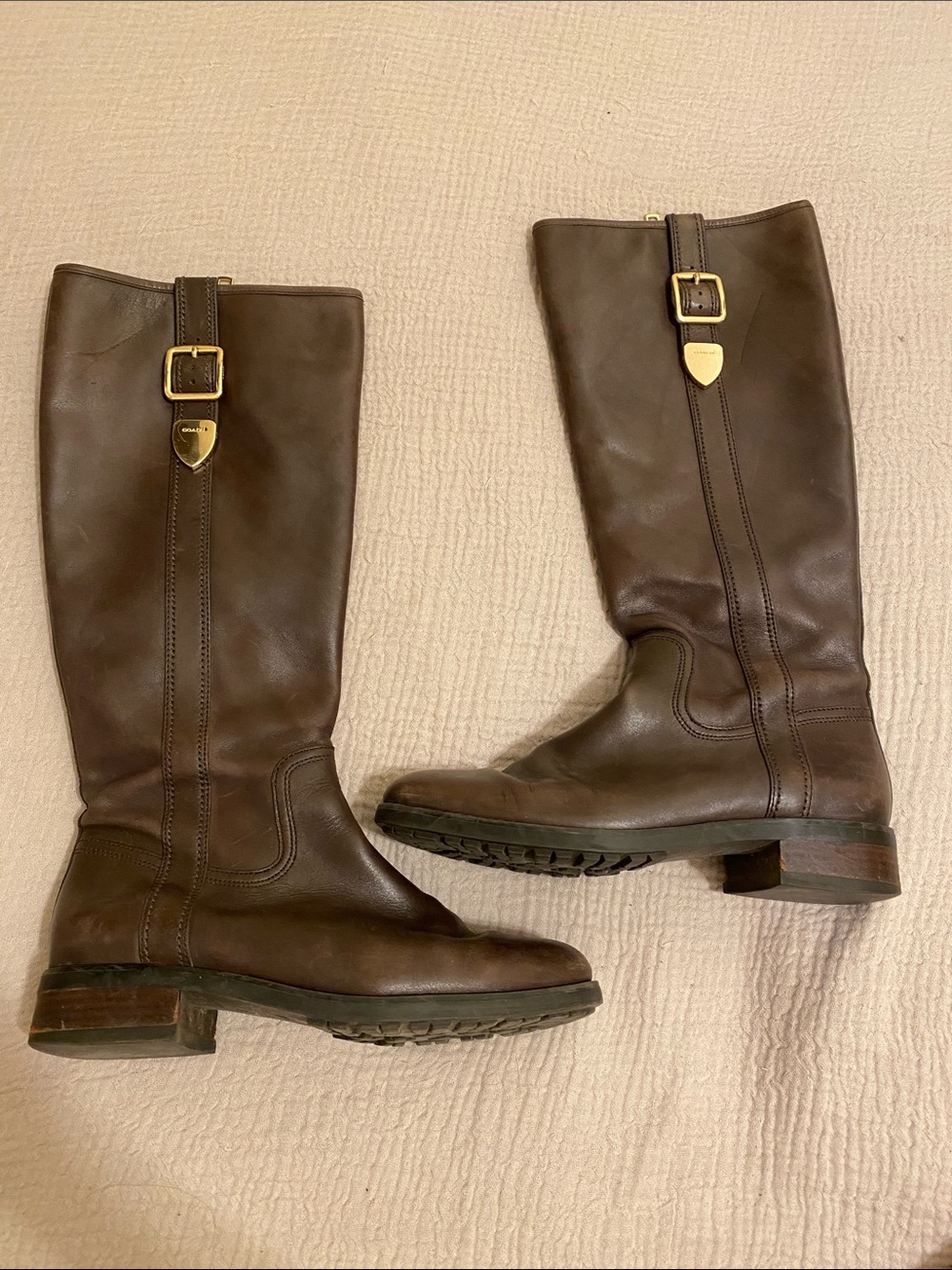 COACH Brown Leather Riding Boots with Gold Buckle. Size 7 - Picture 2 of 7